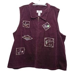 Vintage Corduroy Cabincore Vest Zip Up Embroidered Patchwork Novelty‎ Artsy Top